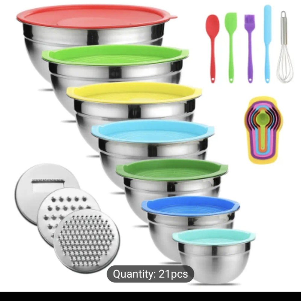 21pc Mixing Bowls w/ Lids, Stainless Steel Mixing Bowls w/3 Grater Attachme